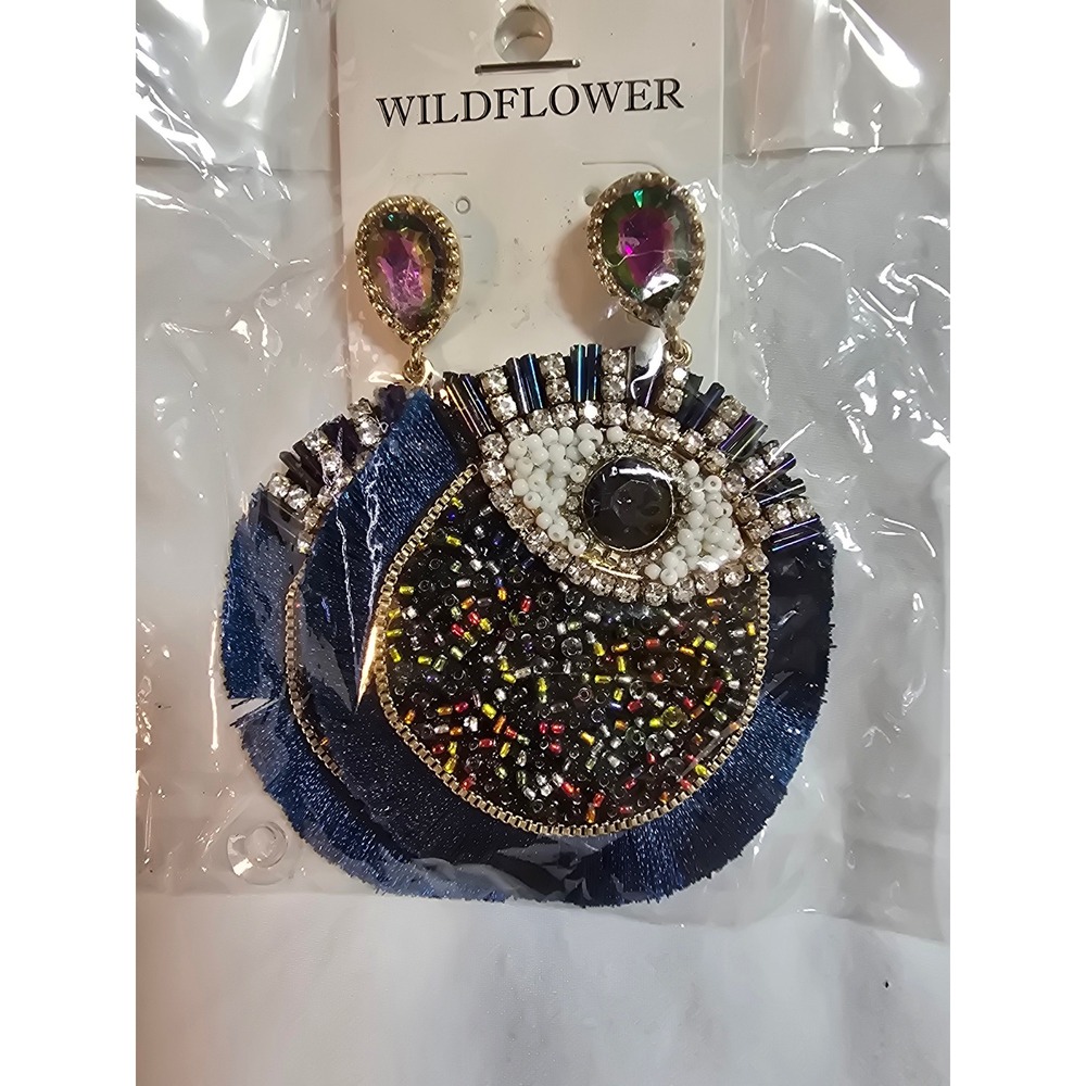 Wildflower Evil Eye Beaded Statement Earrings Blue Fringe Rhinestone Boho NEW